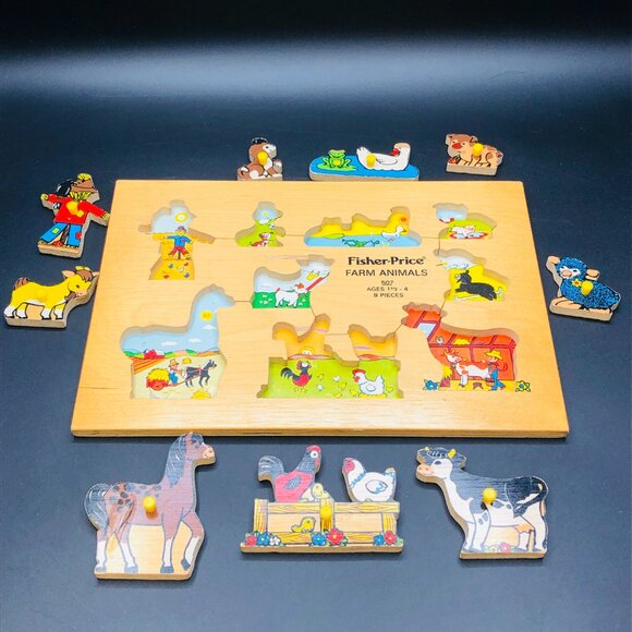 Vintage 70s FISHER PRICE Farm Animals Wood Tray Puzzle - Made in Holland - Picture 2 of 11